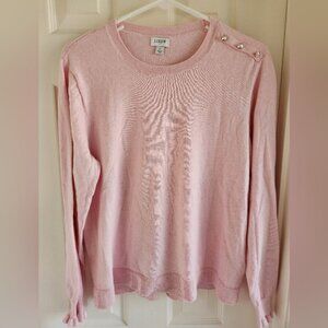 J. Crew Light Pink Cotton Crewneck Rhinestone Sweater With Ruffle Sleeves Size L